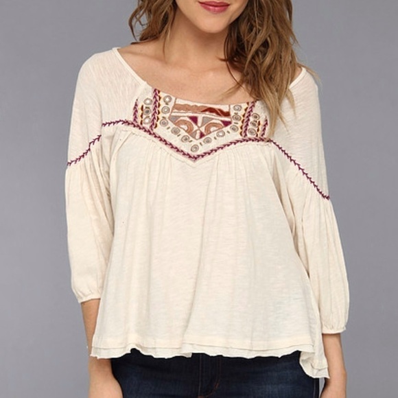 Free People Santa Fe Boho Embroidered Dolman Peasant Blouse Cream Medium - Picture 1 of 15